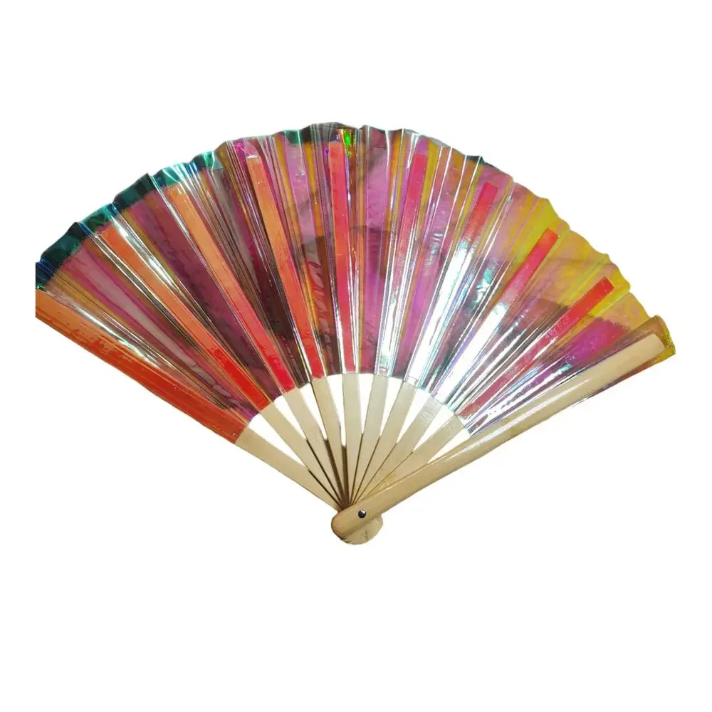 Large Holographic Rave Folding Hand Fan 13 Inch Iridescent Pink Clack Fan